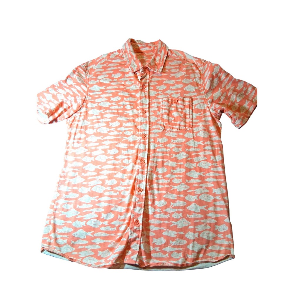 LL Bean Mens Large Orange Fish Print Organic Cotton Jersey Button Down Shirt